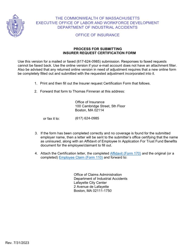Insurer Request Certification | Pdf Fpdf Docx | Massachusetts