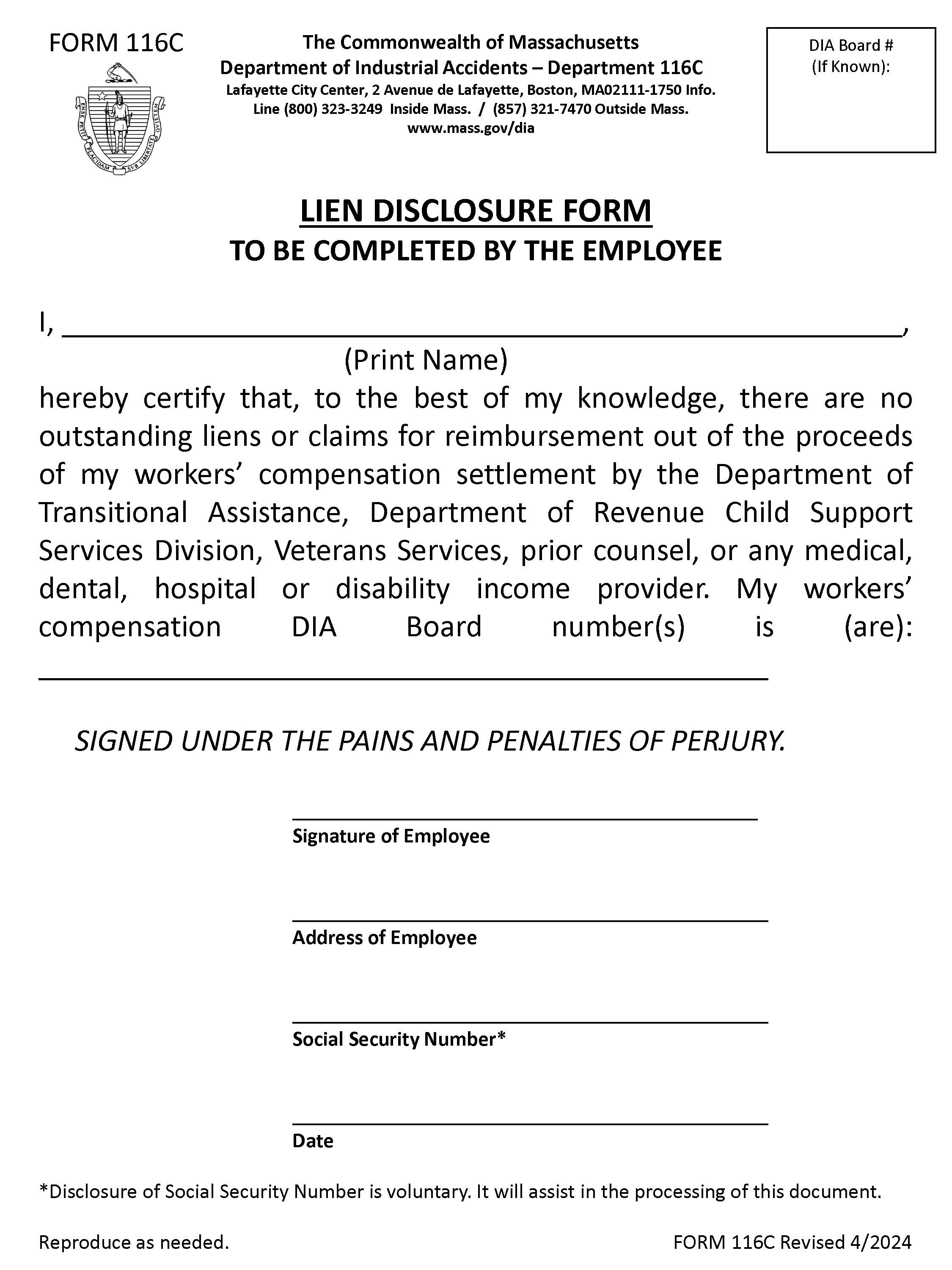 Lien Disclosure Form {116C} | Pdf Fpdf Docx | Massachusetts