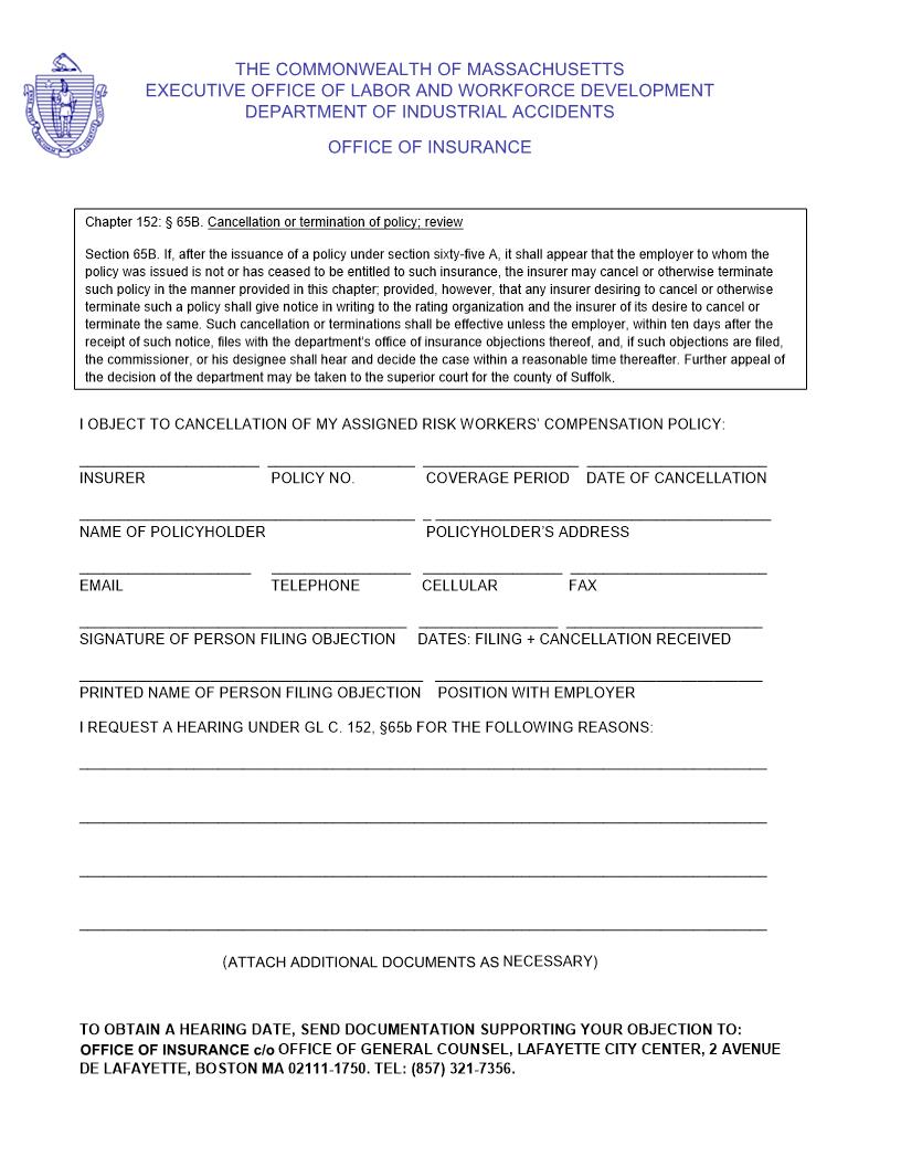 MGL Sec. 65B Appeal Of Cancellation Or Termination Of Policy | Pdf Fpdf Docx | Massachusetts