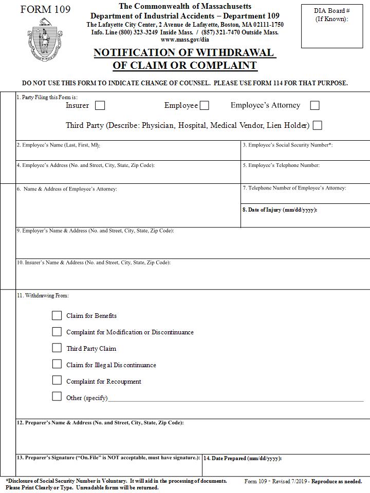Notification Of Withdrawal Of Claim Or Complaint {109} | Pdf Fpdf Doc Docx | Massachusetts