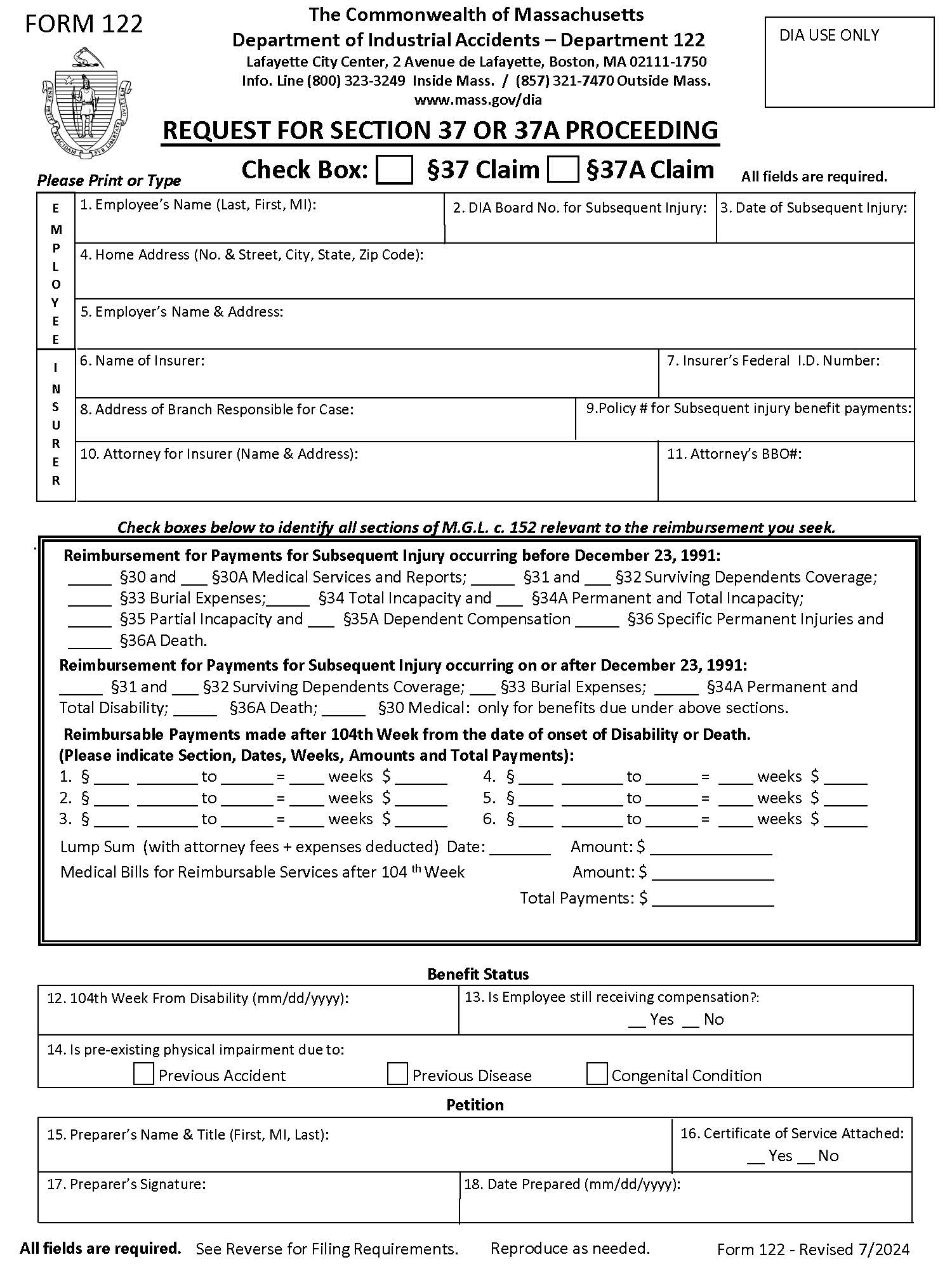 Request For Section 37 Or 37A Proceeding {122} | Pdf Fpdf Docx | Massachusetts