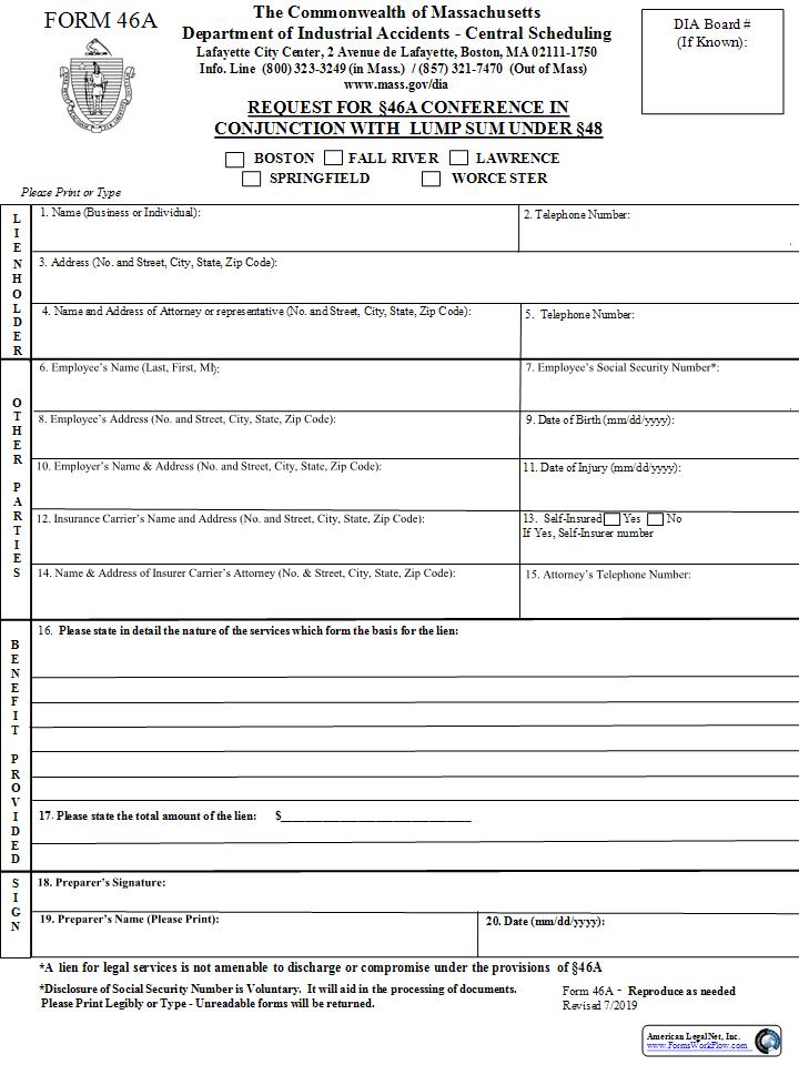 Request For Section 46a Conference With Lump Sum Under Section 48 {46A} | Pdf Fpdf Docx | Massachusetts