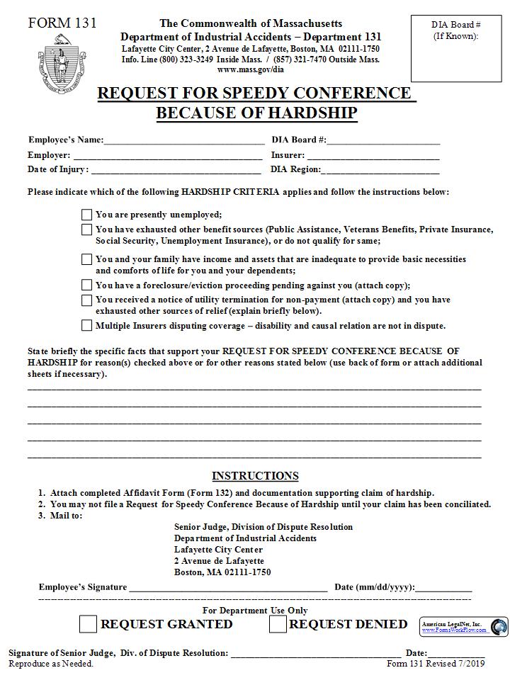 Request For Speedy Conference Because Of Hardship {131} | Pdf Fpdf Docx | Massachusetts