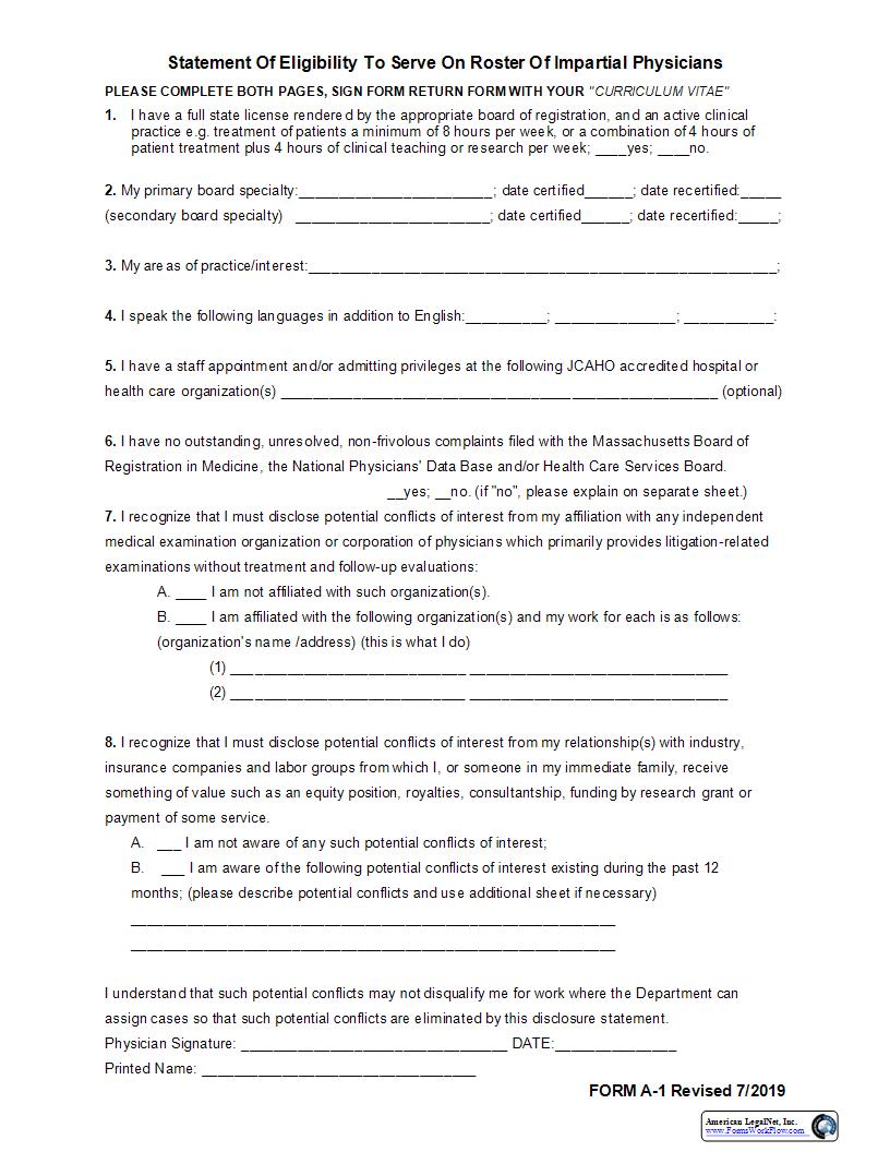 Statement Of Eligibility To Serve On Roster Of Impartial Physicians {A-1} | Pdf Fpdf Docx | Massachusetts