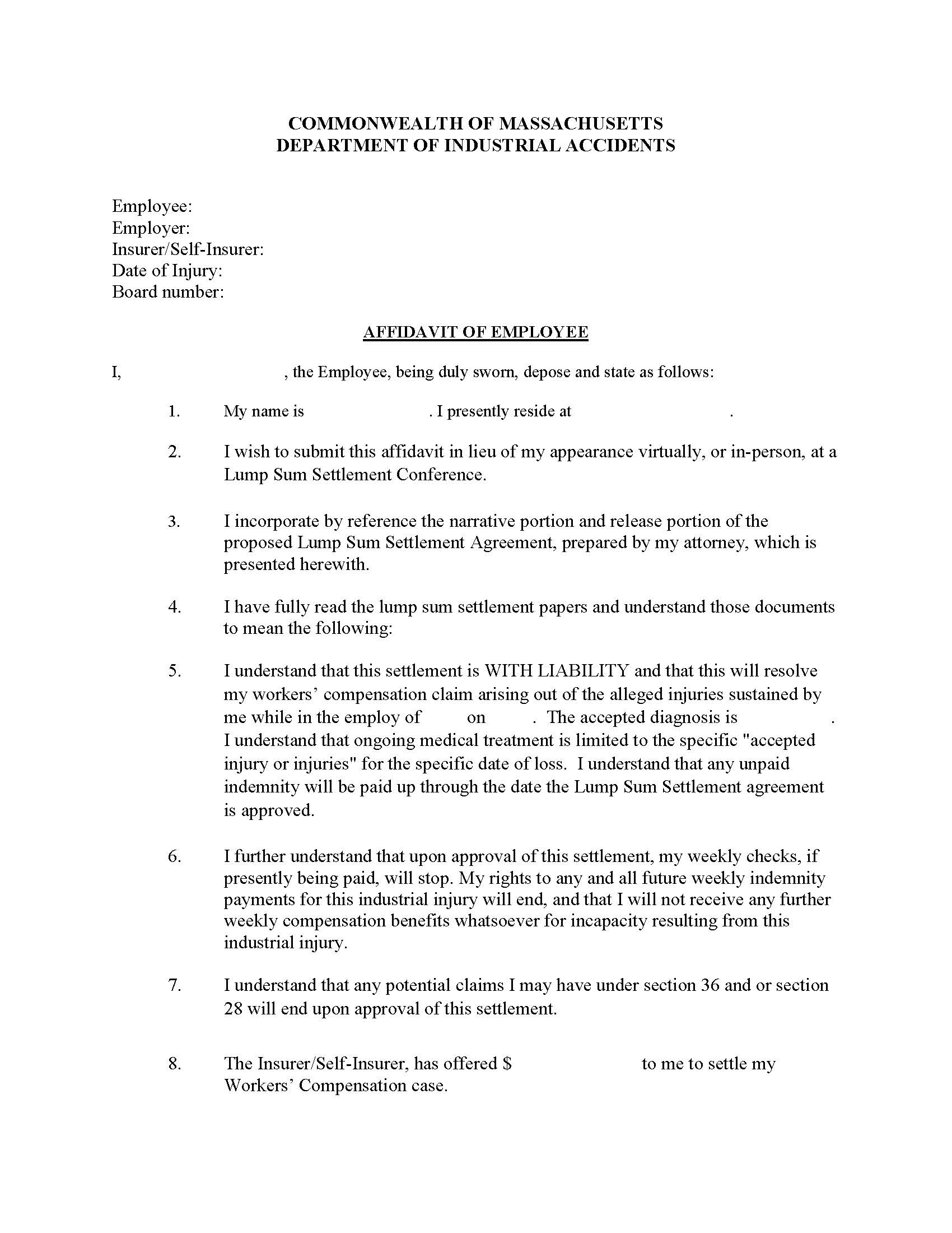 Uniform Lump Sum Settlement Employee Affidavit | Pdf Fpdf Docx | Massachusetts