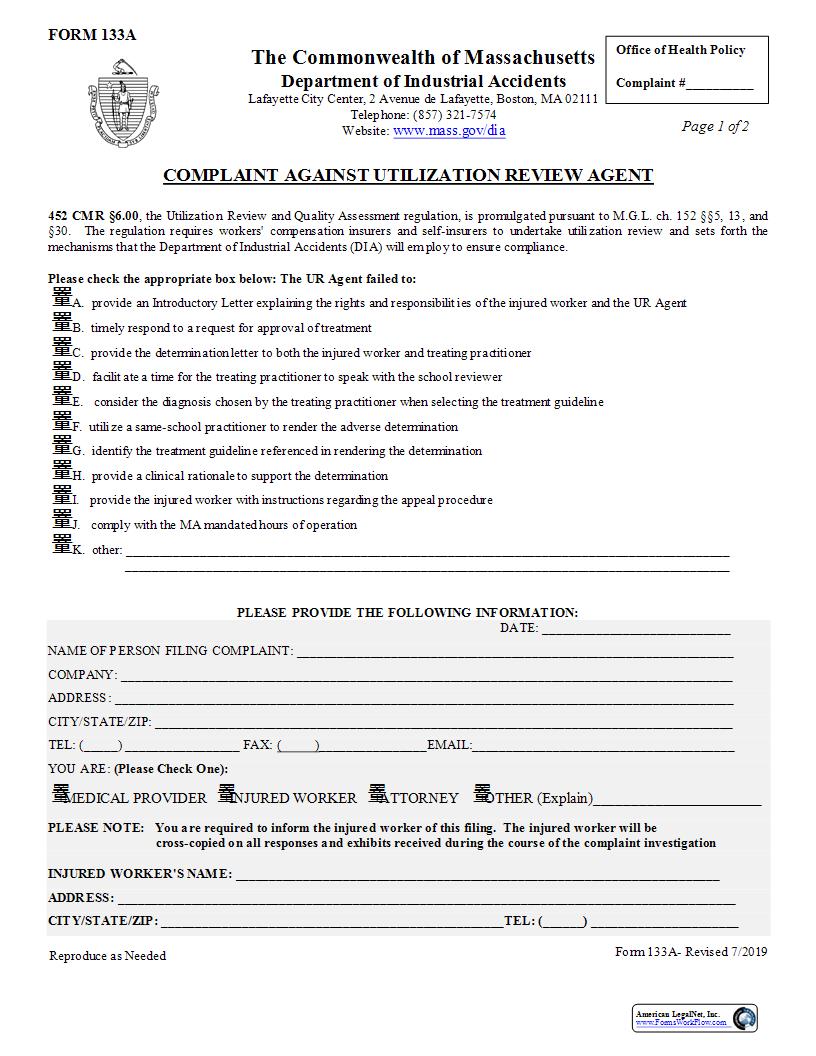 Utilization Review Agent Complaint Form {133A} | Pdf Fpdf Docx | Massachusetts