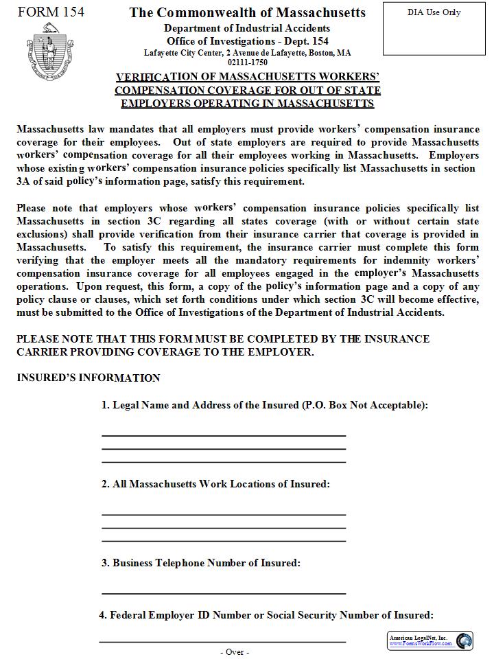 Verification Of Massachusetts Workers Compensation Coverage For Out-Of-State Employers {154} | Pdf Fpdf Docx | Massachusetts