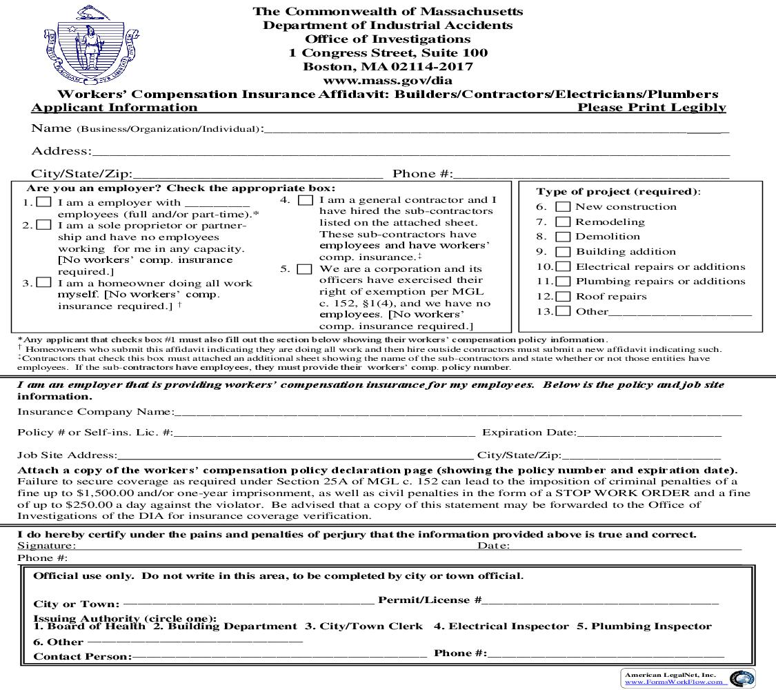 Workers Compensation Insurance Affidavit - Building Plumbing Electrical Contractors | Pdf Fpdf Doc Docx | Massachusetts