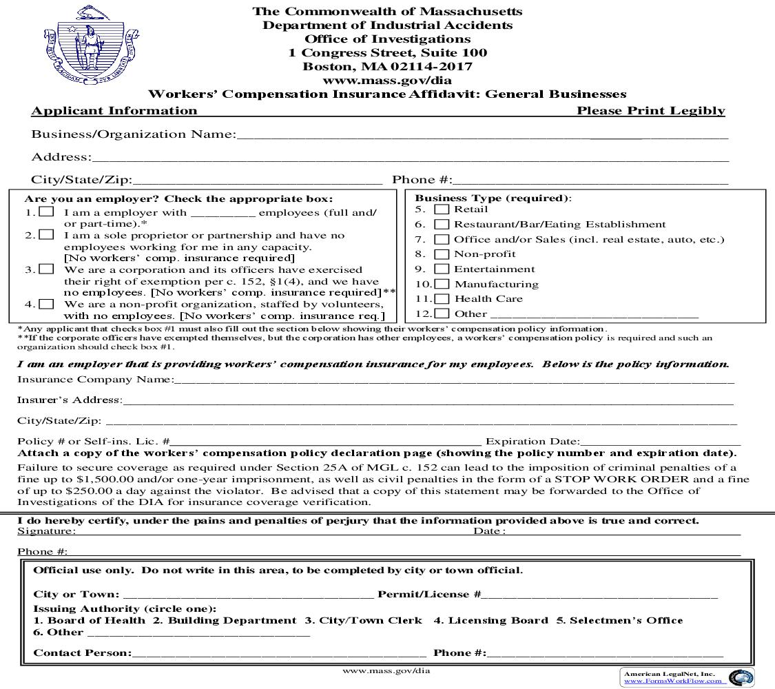 Workers Compensation Insurance Affidavit - General Businesses | Pdf Fpdf Doc Docx | Massachusetts