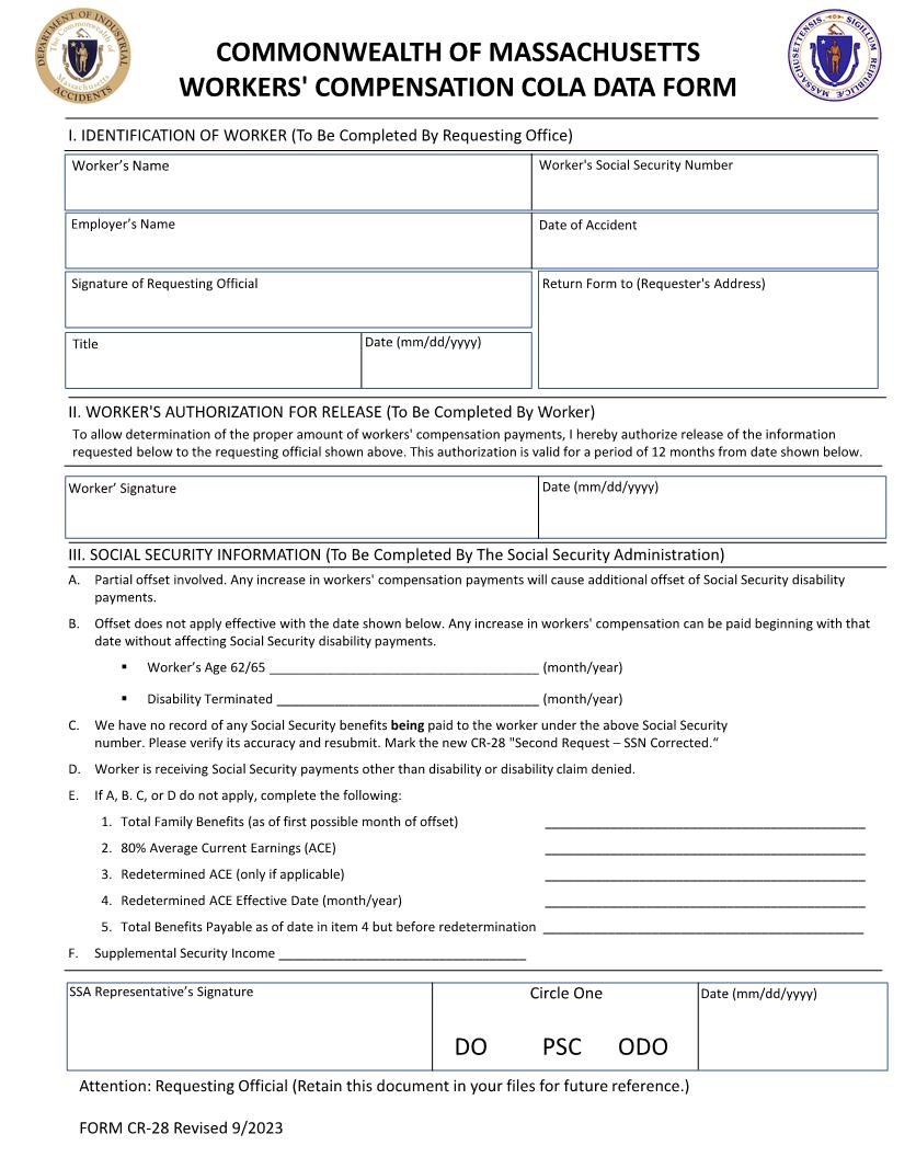 Workers' Compensation COLA Data Form {CR-28} | Pdf Fpdf Doc Docx | Massachusetts