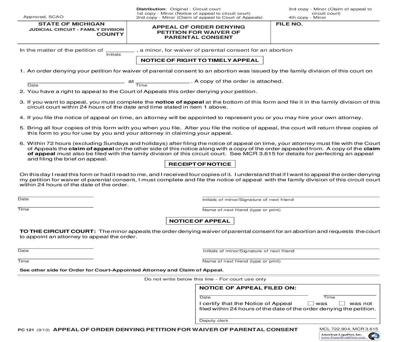 Appeal Of Order Denying Petition For Waiver Of Parental Consent {PC 121} | Pdf Fpdf Doc Docx | Michigan