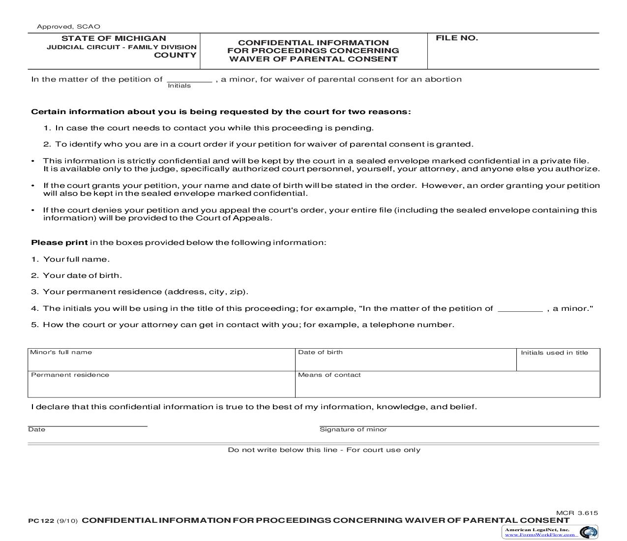 Confidential Information For Proceedings Concerning Waiver Of Parental Consent {PC 122} | Pdf Fpdf Doc Docx | Michigan