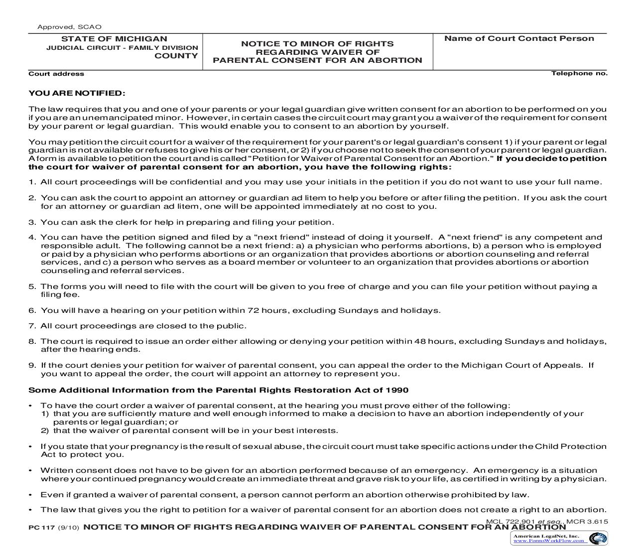 Notice To Minor Of Rights Regarding Waiver Of Parental Consent For An Abortion {PC 117} | Pdf Fpdf Doc Docx | Michigan