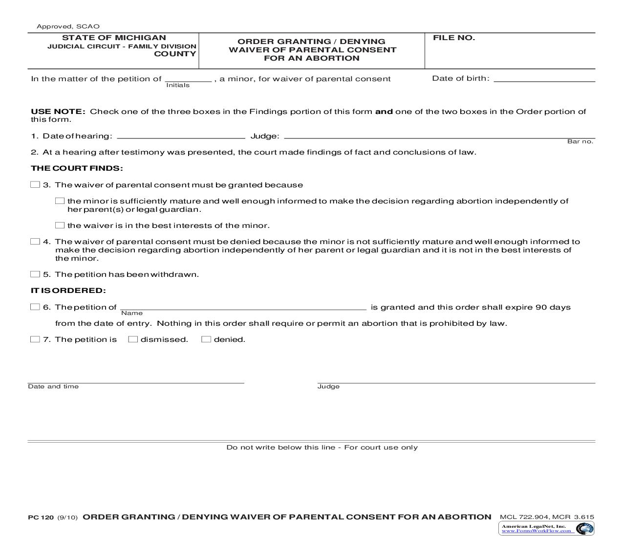 Order Granting Or Denying Waiver Of Parental Consent For An Abortion {PC 120} | Pdf Fpdf Doc Docx | Michigan