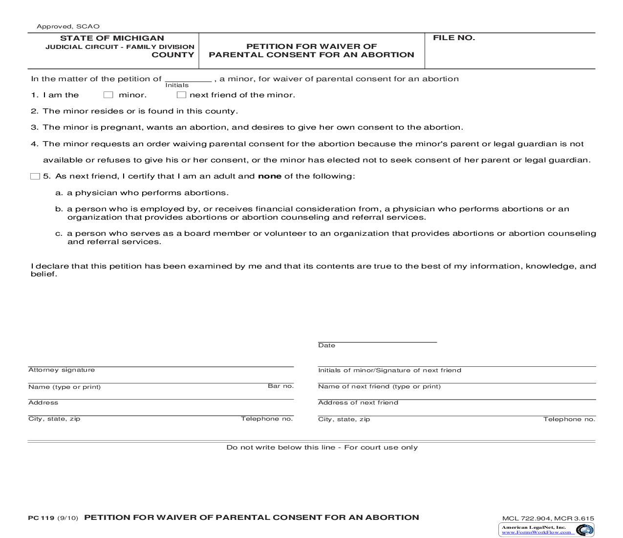 Petition For Waiver Of Parental Consent For Abortion {PC 119} | Pdf Fpdf Doc Docx | Michigan