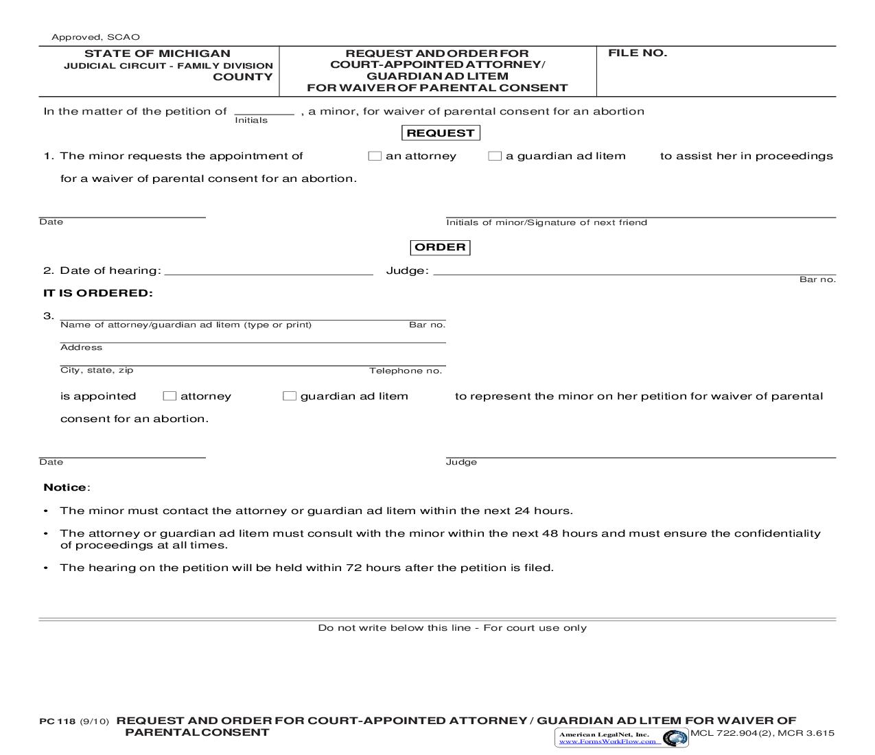 Request And Order For Court Appointed Attorney Or Guardian Ad Litem For Waiver Of Parental Consent {PC 118} | Pdf Fpdf Doc Docx | Michigan