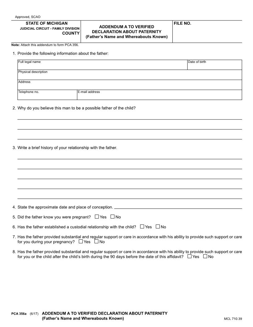 Addendum A To Verified Declaration About Paternity {PCA 356a} | Pdf Fpdf Docx | Michigan