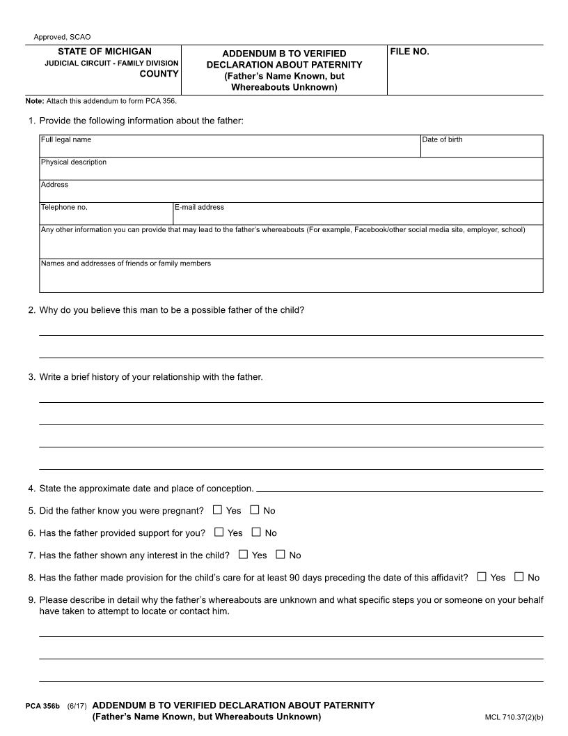 Addendum B To Verified Declaration About Paternity {PCA 356b} | Pdf Fpdf Docx | Michigan