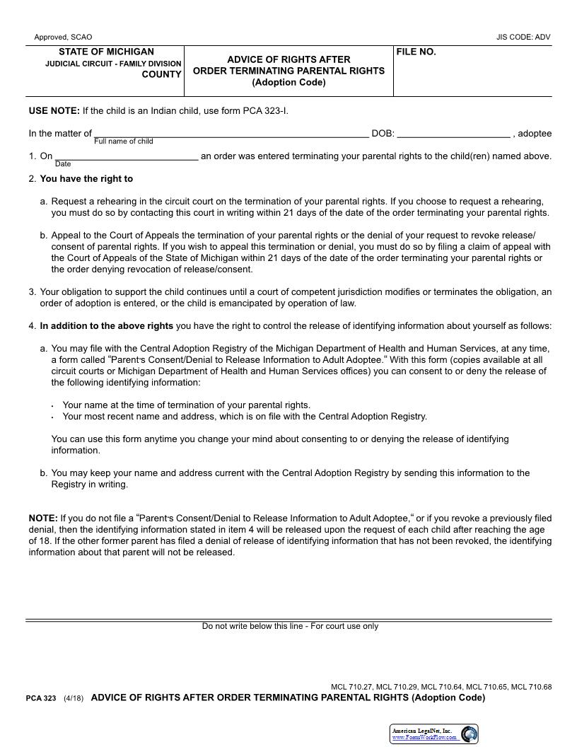 Advice Of Rights After Order Terminating Parental Rights {PCA 323} | Pdf Fpdf Docx | Michigan