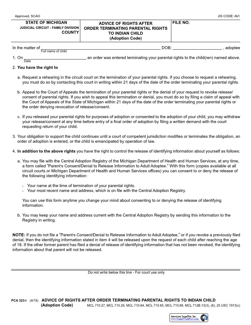 Advice Of Rights After Order Terminating Parental Rights (Indian Child) {PCA 323-I} | Pdf Fpdf Docx | Michigan