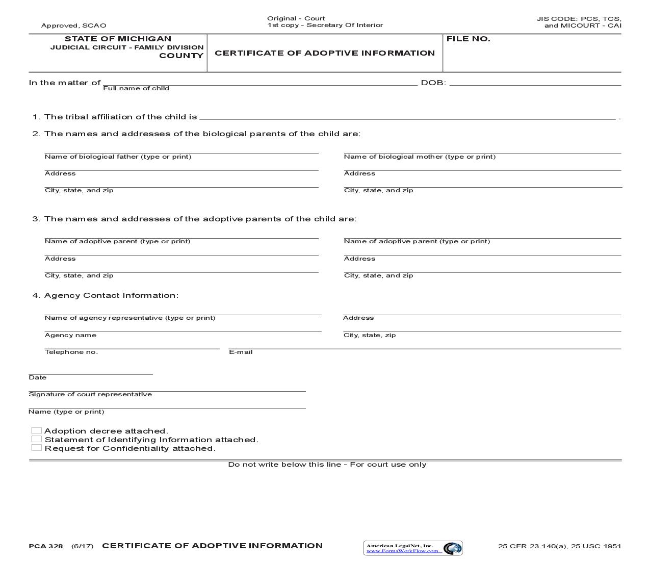 Certificate Of Adoptive Information {PCA 328} | Pdf Fpdf Doc Docx | Michigan