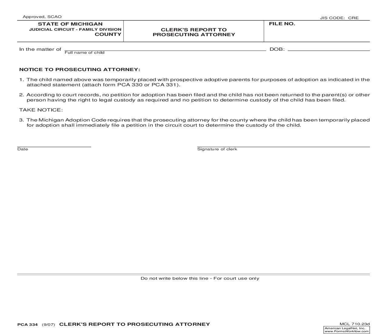 Clerks Report To Prosecuting Attorney {PCA 334} | Pdf Fpdf Doc Docx | Michigan