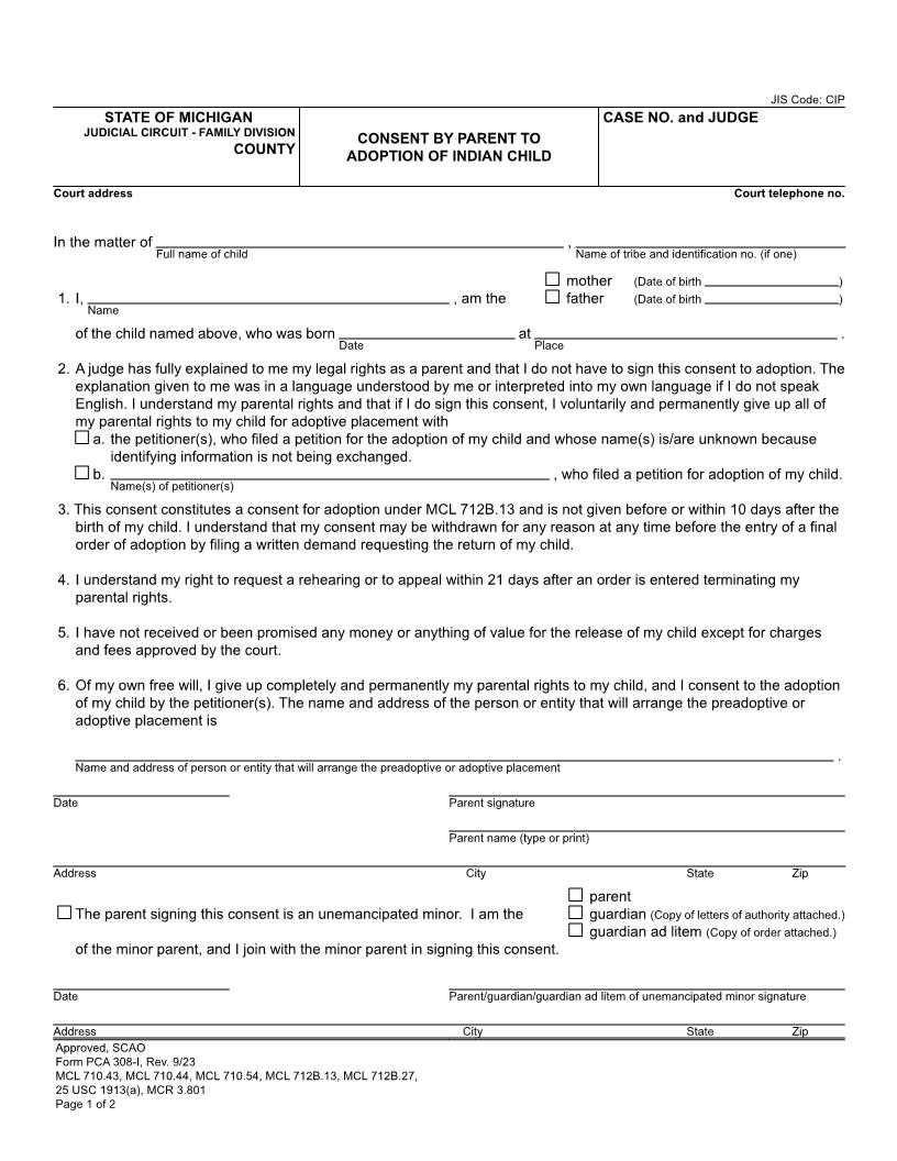 Consent By Parent To Adoption Of Indian Child {PCA 308-I}  | Pdf Fpdf Docx | Michigan
