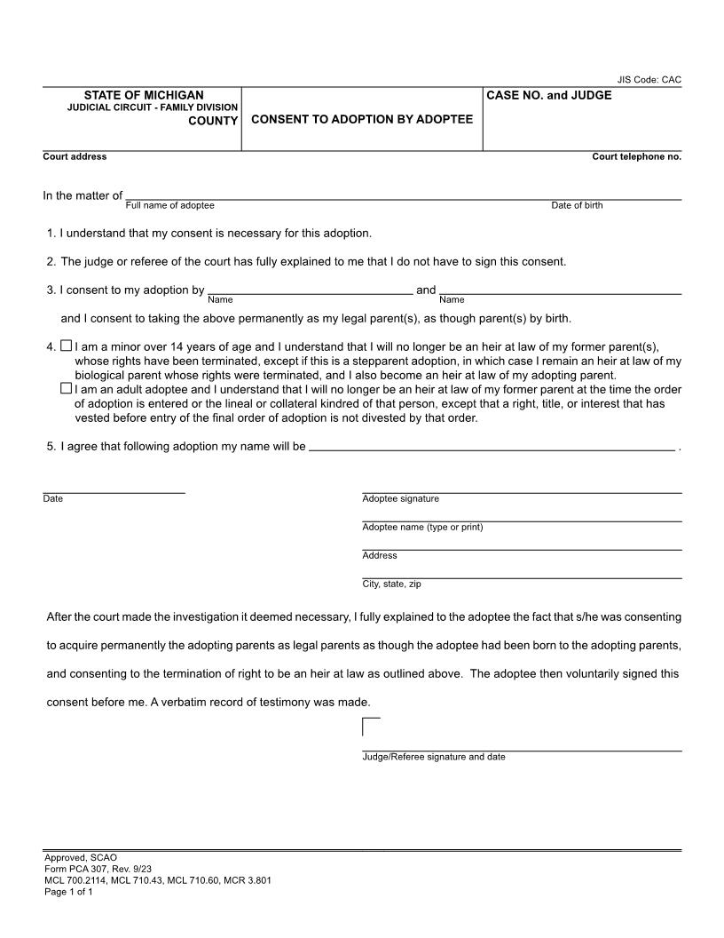 Consent To Adoption By Adoptee {PCA 307} | Pdf Fpdf Doc Docx | Michigan