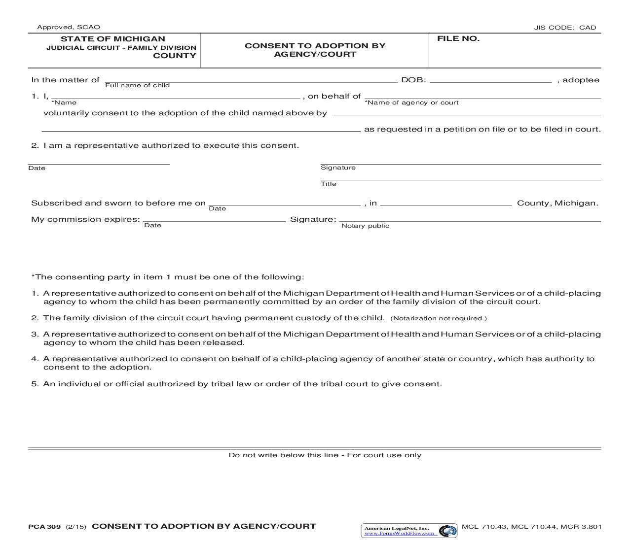 Consent To Adoption By Agency Or Court {PCA 309} | Pdf Fpdf Doc Docx | Michigan