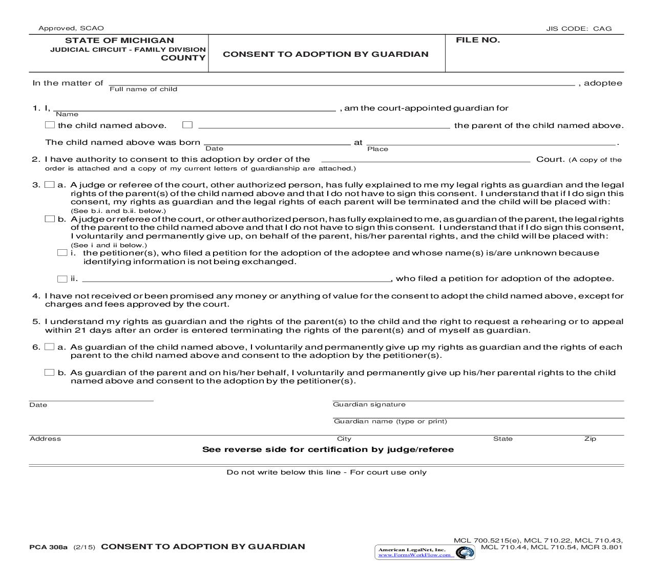 Consent To Adoption By Guardian {PCA 308a} | Pdf Fpdf Doc Docx | Michigan