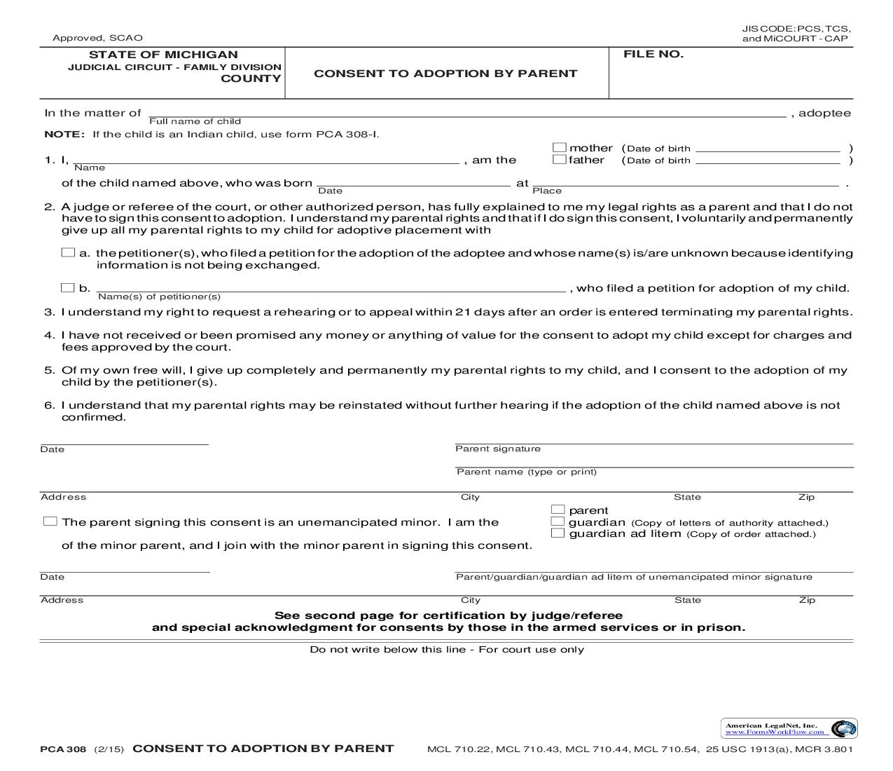 Consent To Adoption By Parent {PCA 308} | Pdf Fpdf Doc Docx | Michigan