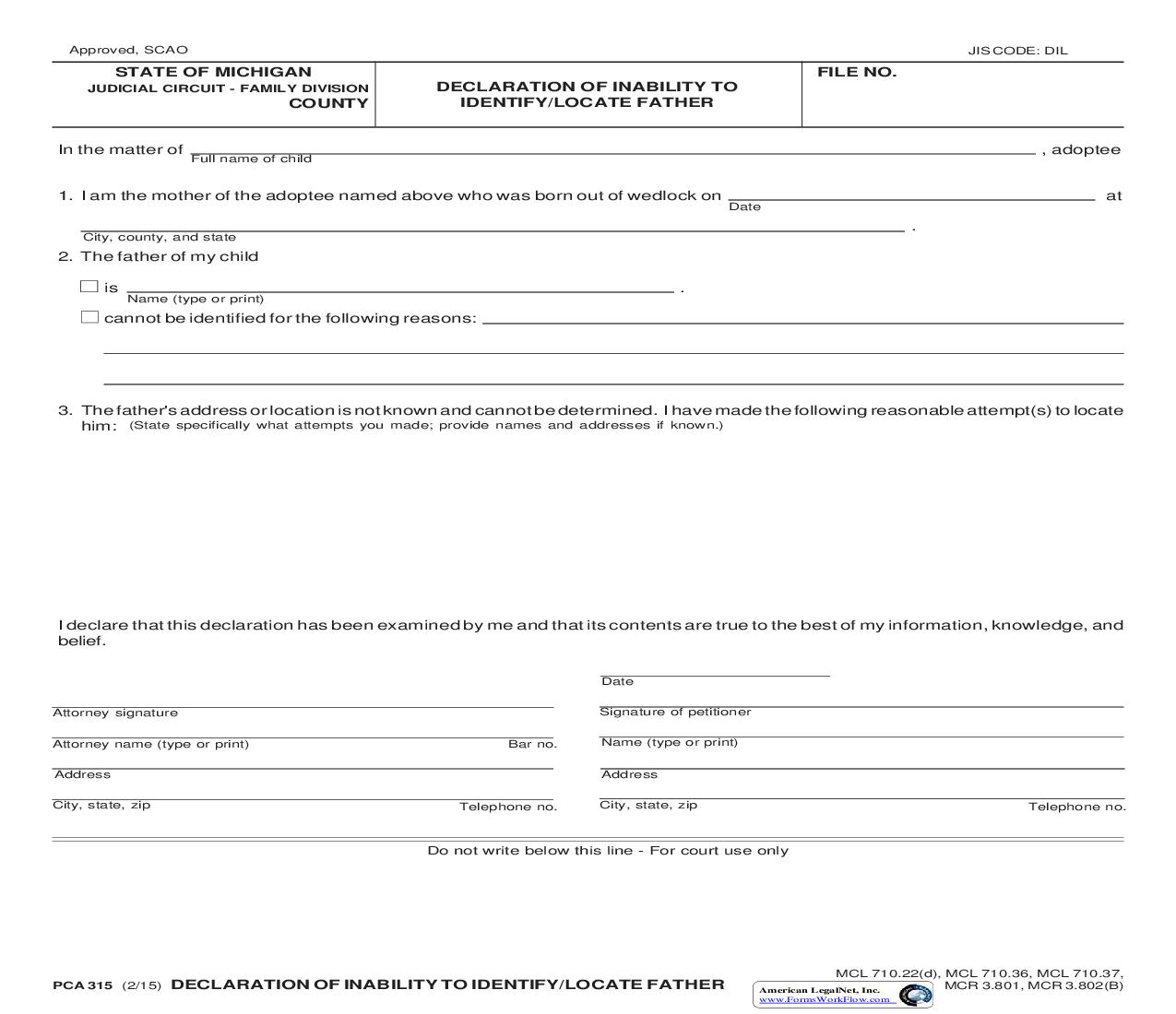 Declaration Of Inability To Identify Or Locate Father {PCA 315} | Pdf Fpdf Doc Docx | Michigan