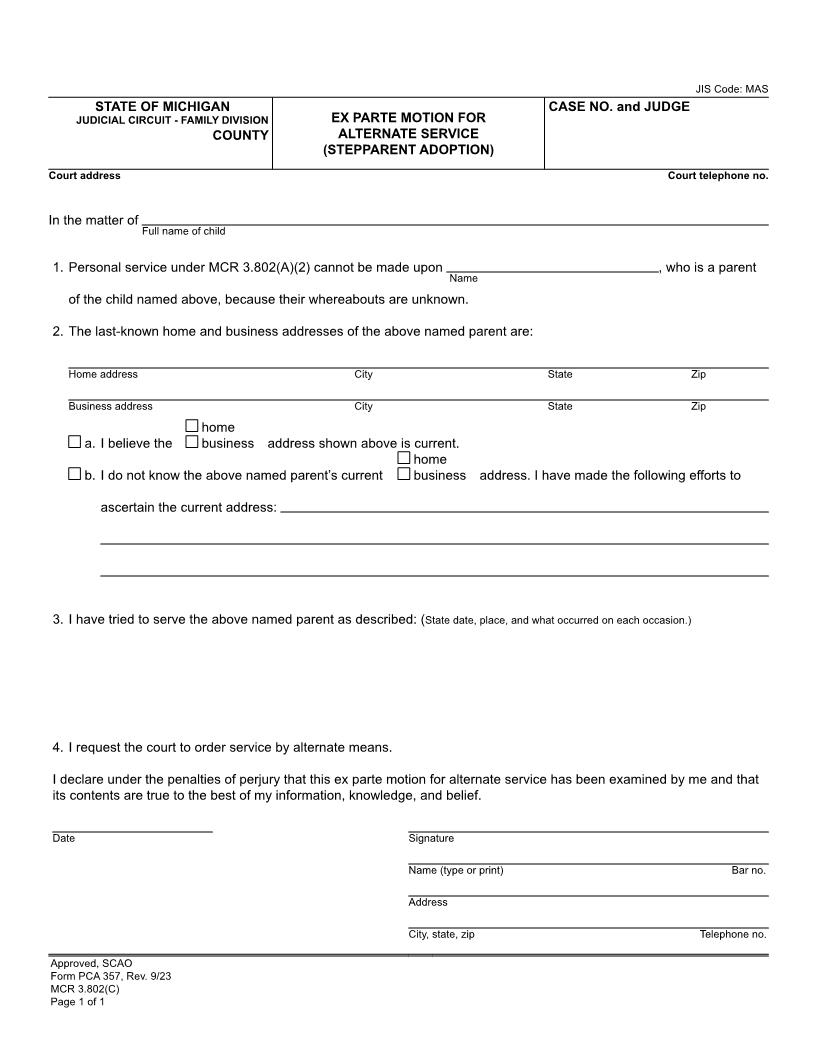 Ex Parte Motion For Alternate Service (Stepparent Adoption) {PCA 357} | Pdf Fpdf Docx | Michigan