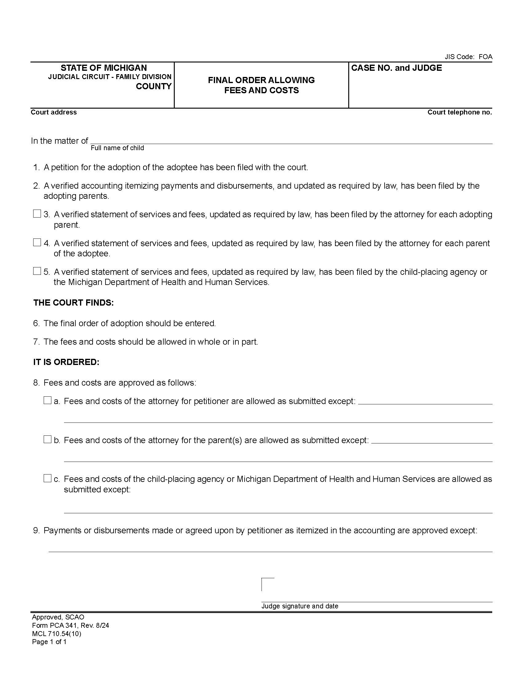 Final Order Allowing Fees And Costs {PCA 341} | Pdf Fpdf Doc Docx | Michigan