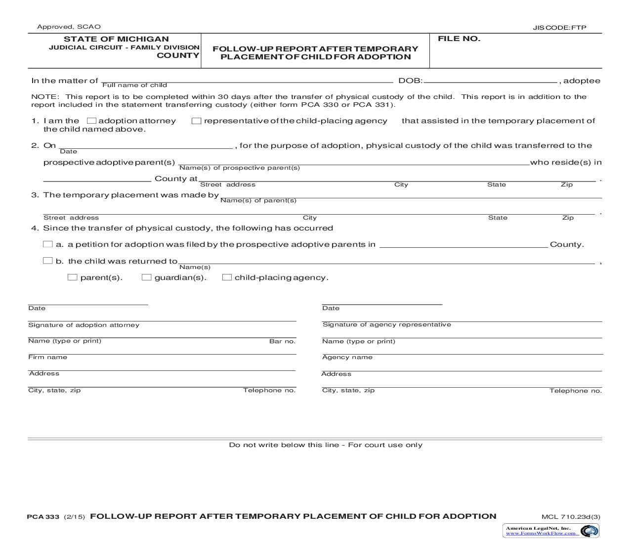 Followup Report After Temporary Placement Of Child For Adoption {PCA 333} | Pdf Fpdf Doc Docx | Michigan