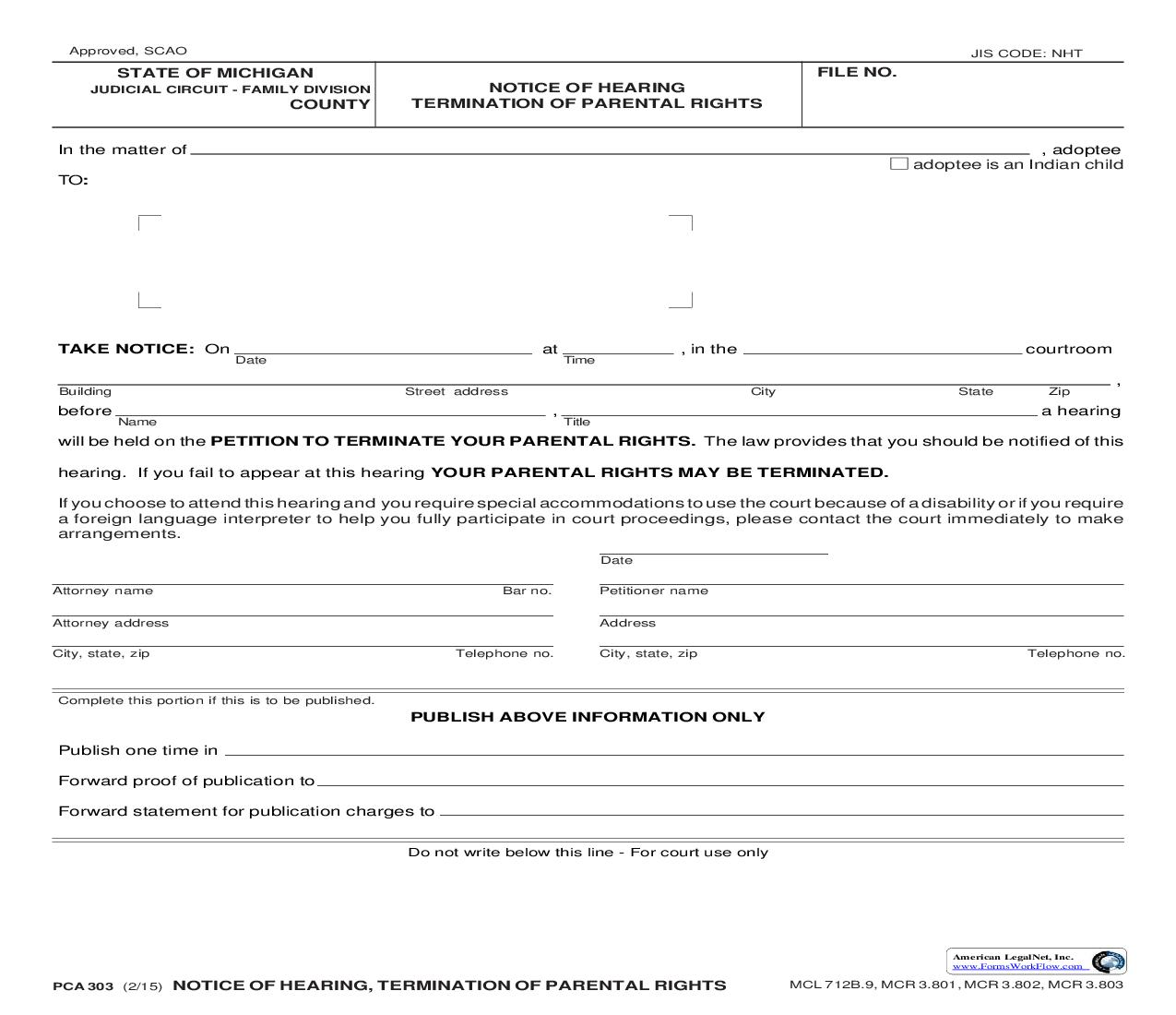 Notice Of Hearing Termination Of Parental Rights {PCA 303} | Pdf Fpdf Doc Docx | Michigan
