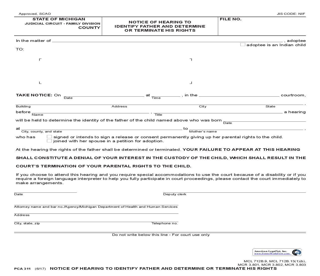 Notice Of Hearing To Identify Father And Determine Or Terminate His Rights {PCA 311} | Pdf Fpdf Doc Docx | Michigan