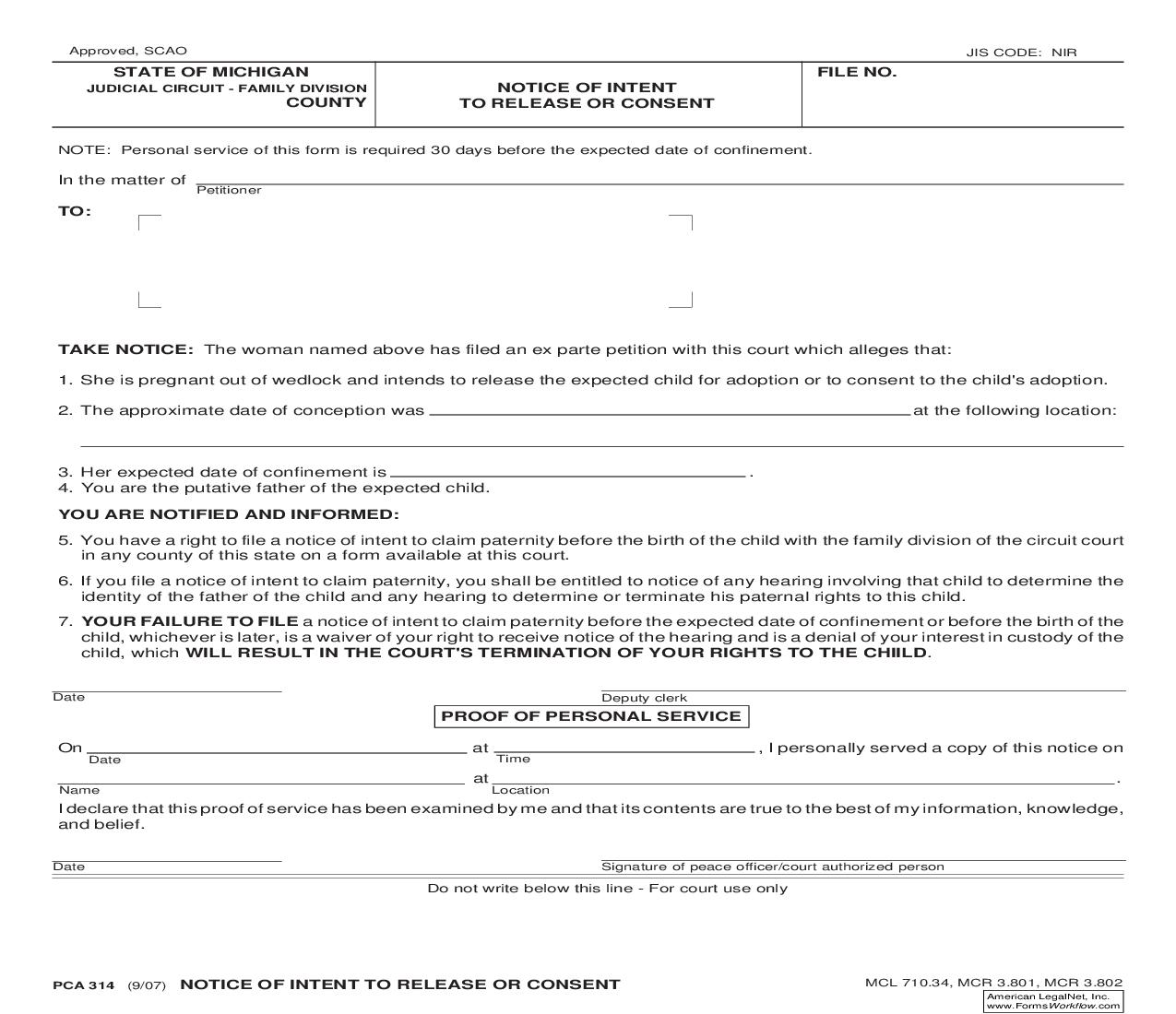 Notice Of Intent To Release Or Consent {PCA 314} | Pdf Fpdf Doc Docx | Michigan