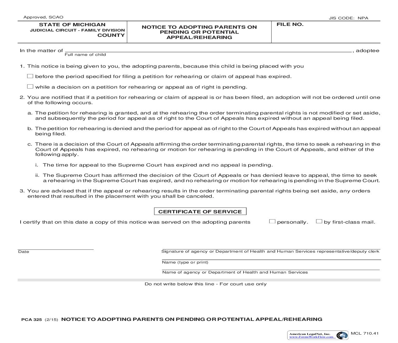 Notice To Adopting Parents On Pending Or Potential Appeal Or Rehearing {PCA 325} | Pdf Fpdf Doc Docx | Michigan
