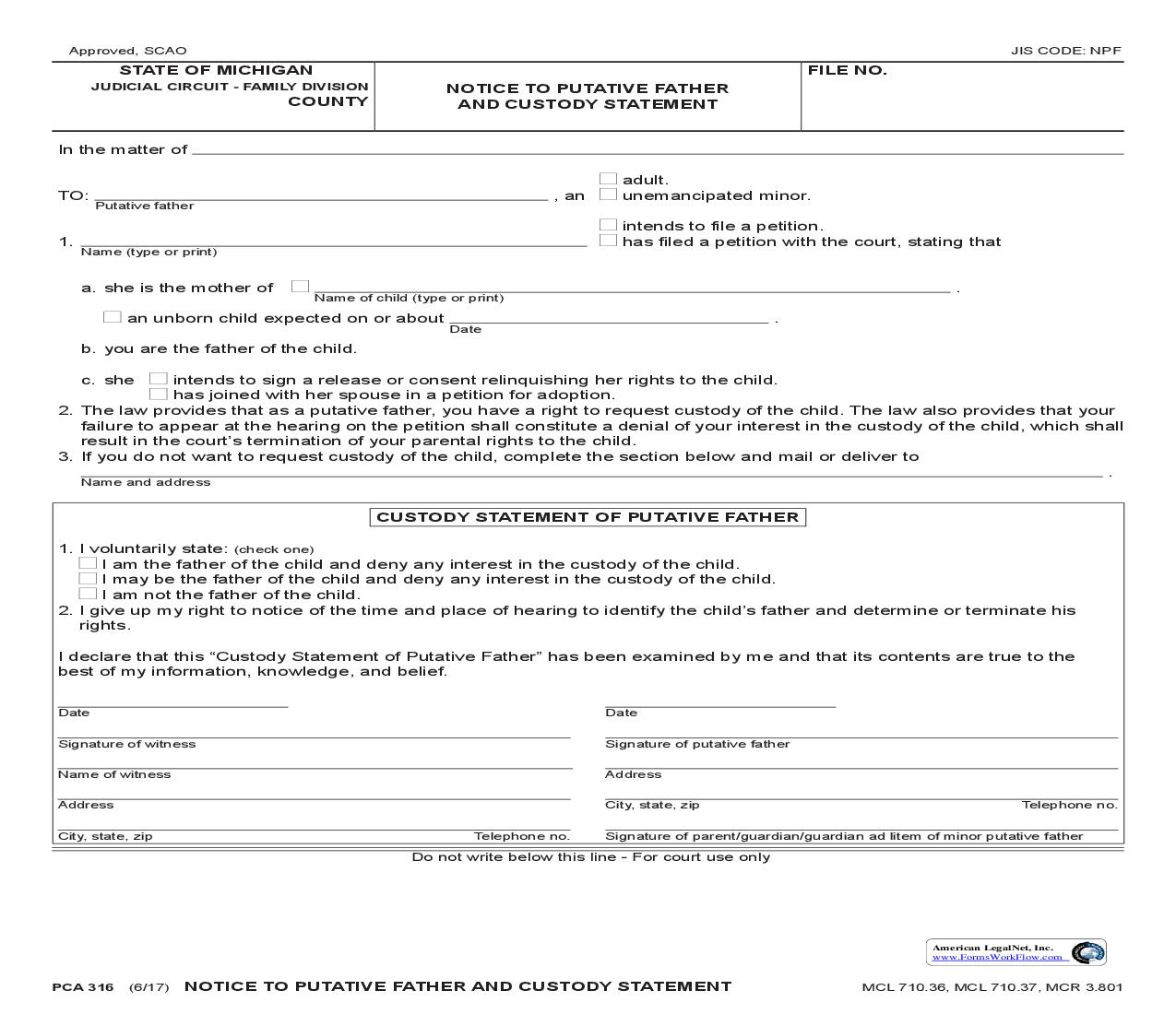 Notice To Putative Father And Custody Statement {PCA 316} | Pdf Fpdf Doc Docx | Michigan