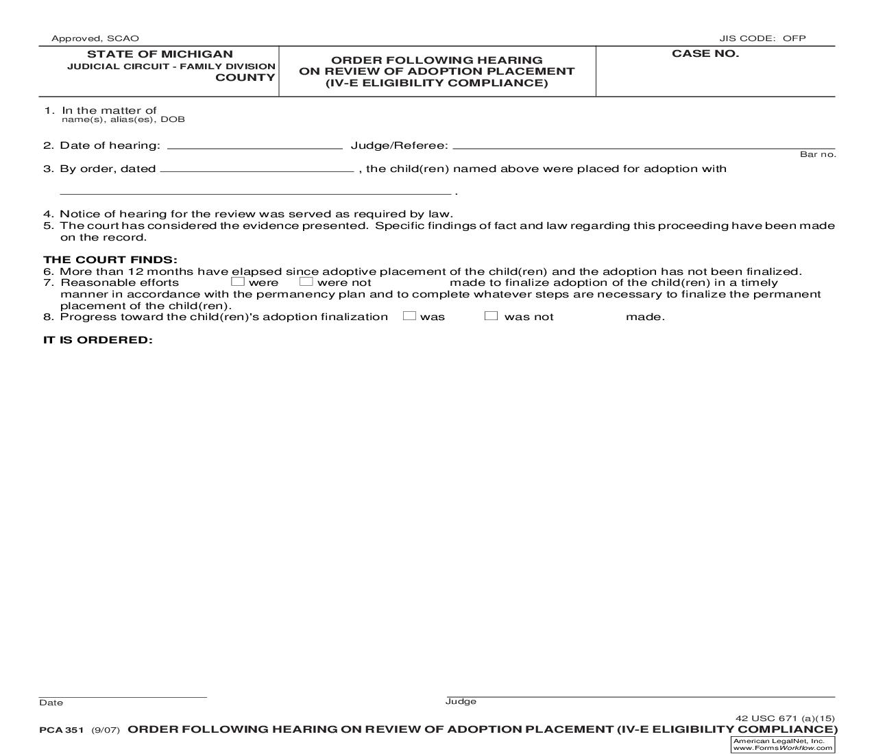 Order Following Hearing On Review Of Adoption Placement {PCA 351} | Pdf Fpdf Doc Docx | Michigan
