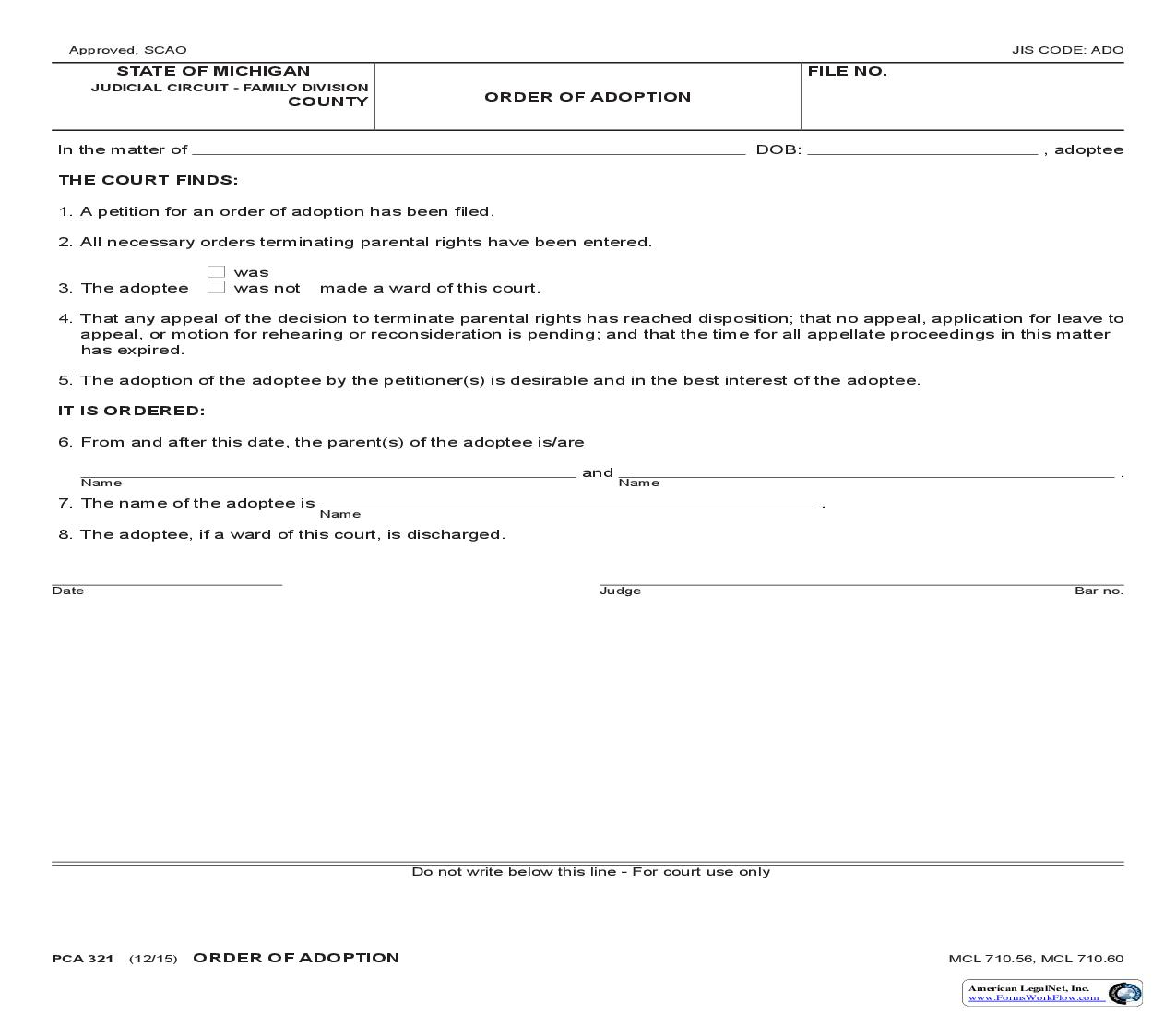 Order Of Adoption {PCA 321} | Pdf Fpdf Doc Docx | Michigan