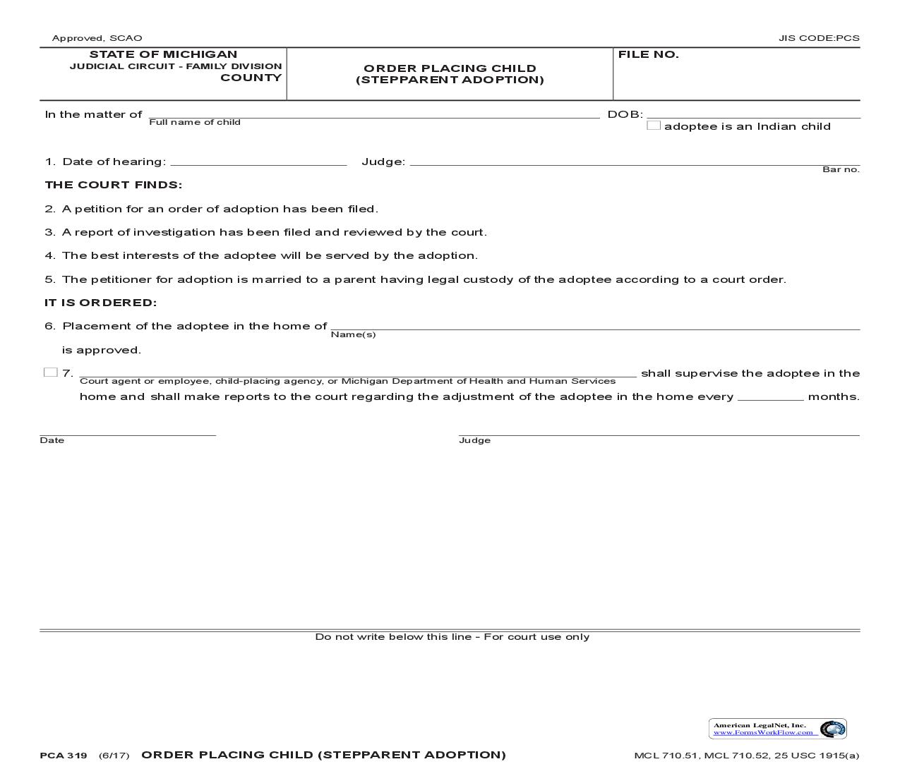 Order Placing Child (Step Parent Adoption) {PCA 319} | Pdf Fpdf Doc Docx | Michigan