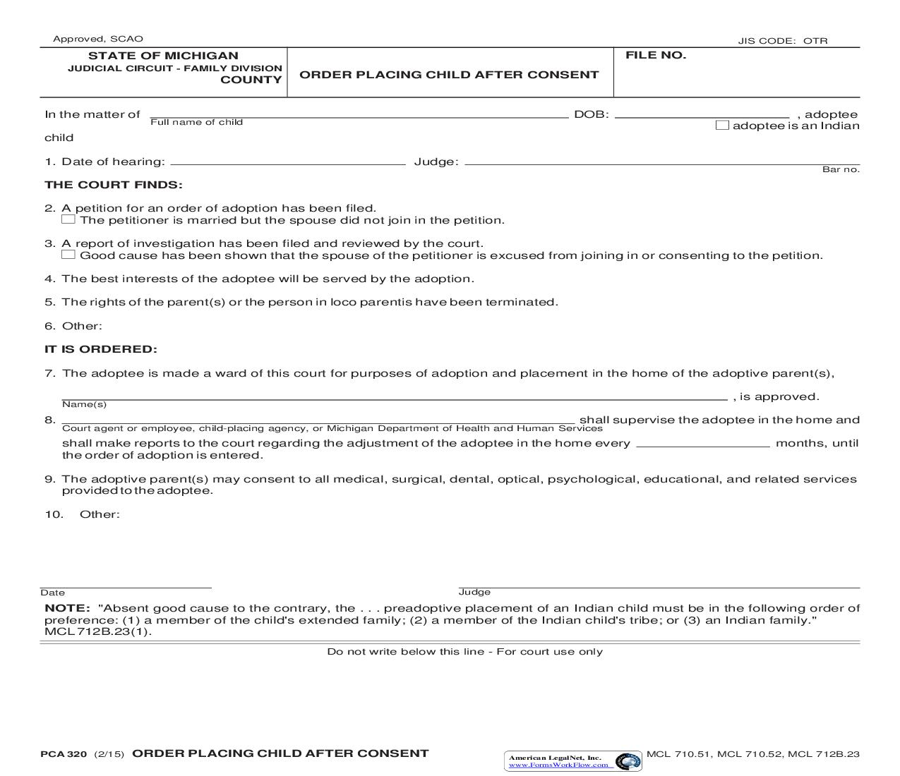 Order Placing Child After Consent {PCA 320} | Pdf Fpdf Doc Docx | Michigan