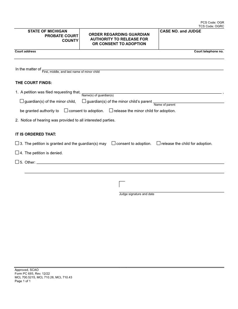 Order Regarding Guardian Authority To Release For Or Consent To Adoption {PC 693} | Pdf Fpdf Docx | Michigan