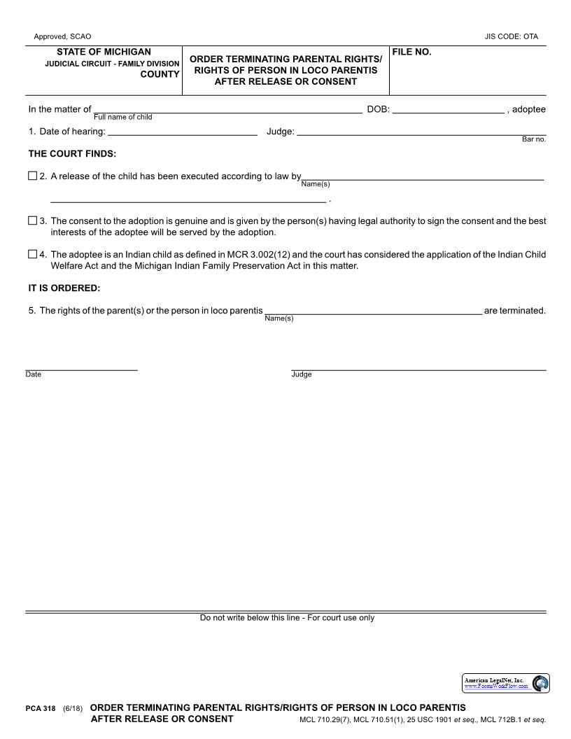 Order Terminating Parental Rights After Release Or Consent {PCA 318} | Pdf Fpdf Docx | Michigan