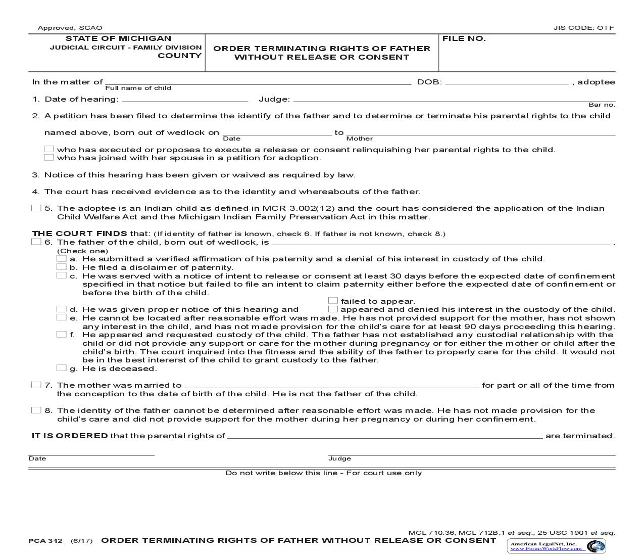 Order Terminating Rights Of Father Without Release Or Consent {PCA 312} | Pdf Fpdf Doc Docx | Michigan