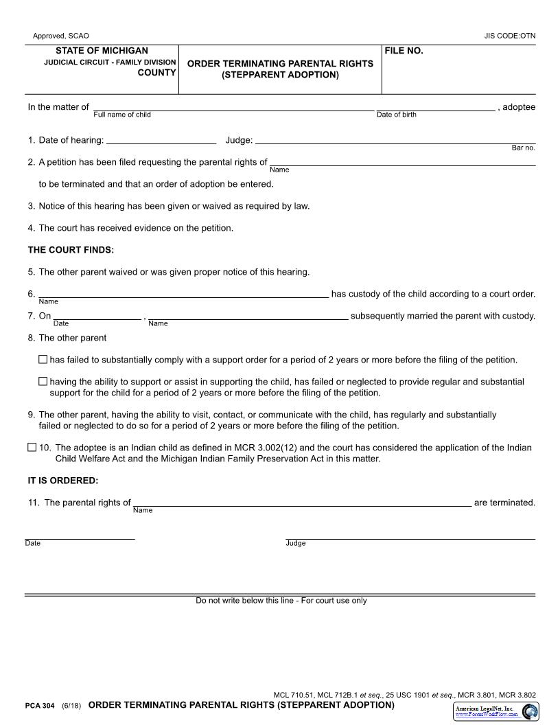 Order Terminating Rights Of Non Custodial Parent {PCA 304} | Pdf Fpdf Docx | Michigan