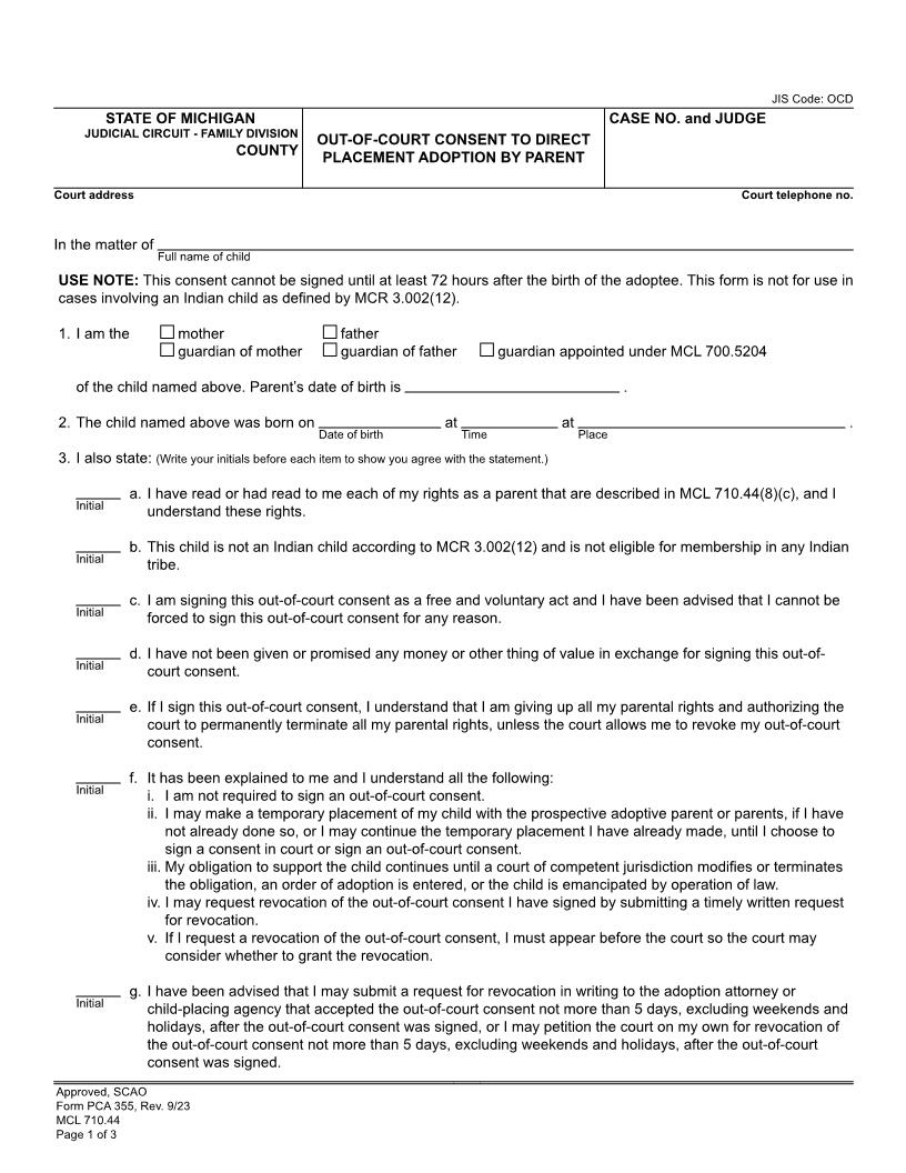 Out Of Court Consent To Direct Placement Adoption By Parent {PCA 355} | Pdf Fpdf Docx | Michigan
