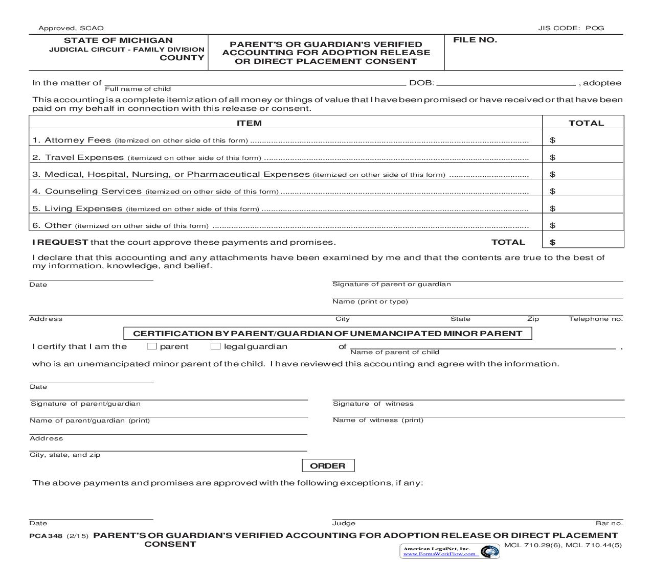Parents Or Guardians Verified Accounting For Adoption Release Or Direct Placement Consent {PCA 348} | Pdf Fpdf Doc Docx | Michigan